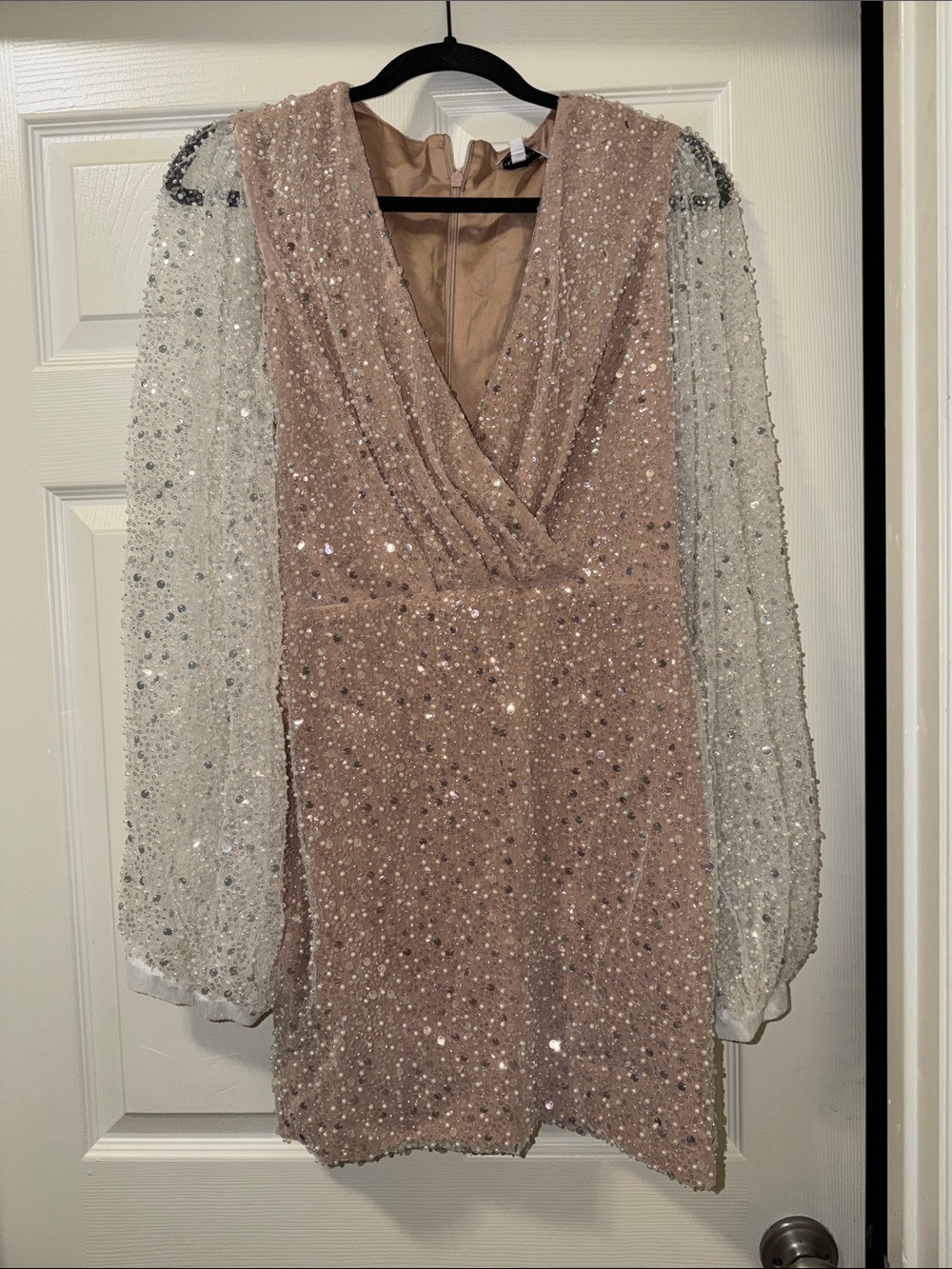 NADINE MERABI Blush Sequin Mini Dress with Sheer Beaded Sleeves